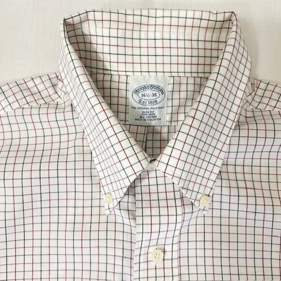 Brooks Bros Mens Shirt sz 16.5  35 White Check Striped Original Polo Shirt read - Picture 3 of 8
